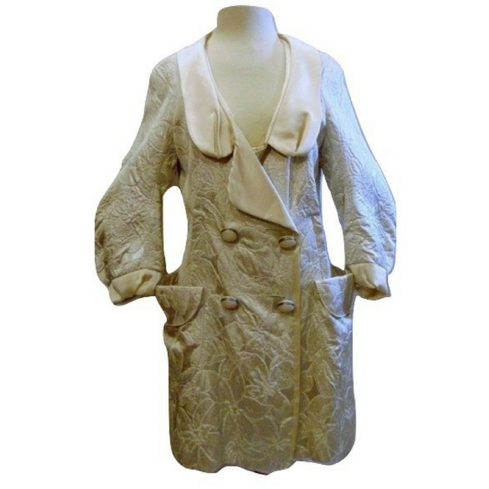 Hanii Y brocade silk trim Ivory dress coat Sz M 42